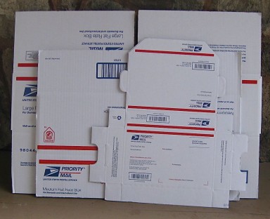 USPS Priority mail boxes. Photo by Patricia Malarcher
