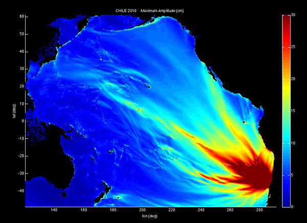 National Oceanic and Atmospheric Administration (NOAA) simulation of the tsunami that followed the 2010 earthquake in Chile, which shortened the length of the earth’s day by 1.26 microseconds. 