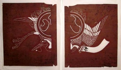 A stencil for a maiwai (fisherman's coat). It is divided to take into account the central seam of the garment. May 25, 2012 entry in the Daily Japanese Textile blog. Photo courtesy of the collection’s owner and blog originator.