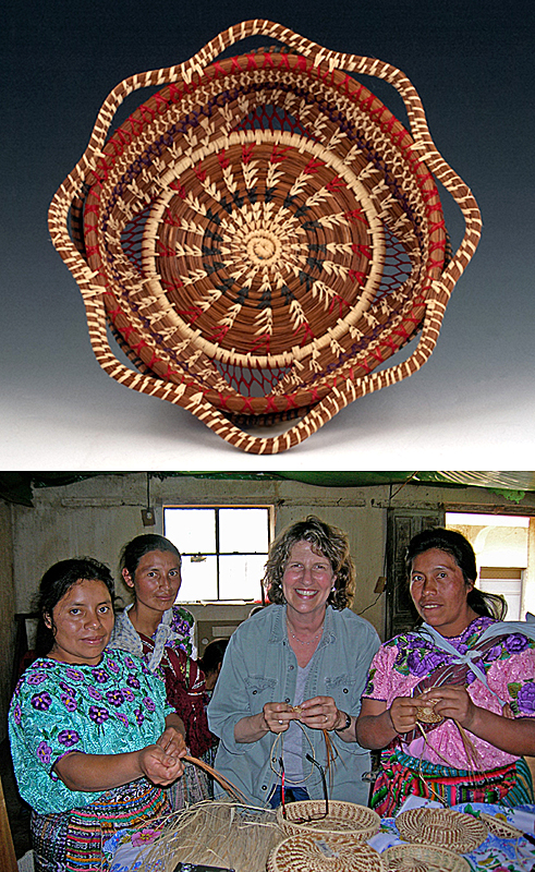 ABOVE: A butterfly basket designed by the women of Xeabaj, Guatemala, after Michele Hament’s 2010 basketry workshop. BELOW: Michele Hament’s basketry workshop in El Adelanto, Guatemala, 2006.