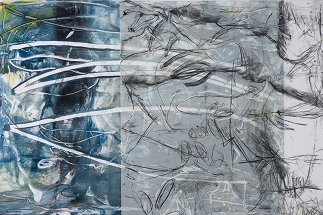 Roland_encaustic_8. Paula Roland, Welcoming Choas, 2013, encaustic monotype:graphite drawing on layered mylar