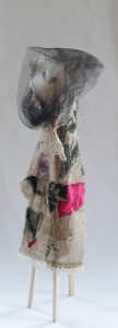 Grandmother Wolf (2016) Wood, burlap, paint, satin, felt, veil