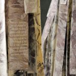 Molly Koehn and Madison Creech Potentially Invasive, Probably Harmful Installation at Tempe Center for the Arts, Tempe, AZ Eucalyptus eco-printed raw silk, screen print, eucalyptus stumps, dowels, pdf, vinyl