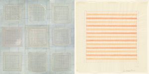 Meg Pierce White Handkerchiefs (2016) Vintage handkerchiefs, crochet threads, pastel, acrylic on canvas, 40 x 40" Juxtaposed with Agnes Martin Untitled (1978) Watercolor and colored ink on transparentized paper