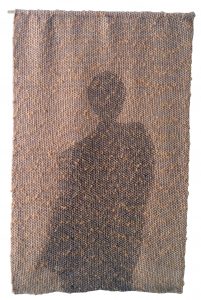 Marci Rae McDade Waiting, Synthetic and natural yarns, basic weave with brocade, handwoven, 25″ x 15.5″ (2007)