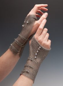 Elaine Unzicker Fingerless Gloves Stainless chain mail mesh, stainless lobster claws, pearls, cut, seamed, soldered (2014)