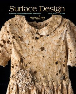 “Mending” Surface Design Association Fall 2016 Edition Cover Image: Julie Sirek “Please, Daddy Stop” (detail) 2015, hanji, thread, joomchi, rust staining, machine stitching, 27"x1.5"x2". Photo: Rik Sferra. 