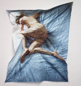 Meghan Volpe What’s Next 2016, digital printed cotton, invisible thread, hand-sewn running stitch, 30" x 24". 