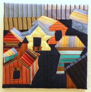 Nancy Bardach, "Spirit Houses," Silks, dupioni silk, batting, threads, canvas support, 10" x 10" x 0," 2019, website: NancyBardach.com