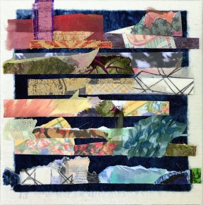 Kirsteen Buchanan, "Fragments," Mixed Media Collage: Fabric, Found Paper, Digital Photo, 10" x 10" x 1.5," 2019