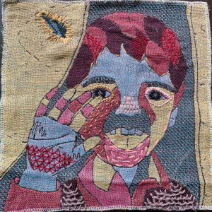 Yining Chen, "A boy from Moria camp," 4-color weaving and hand stitching, 10" x 10" x 0.1," 2019