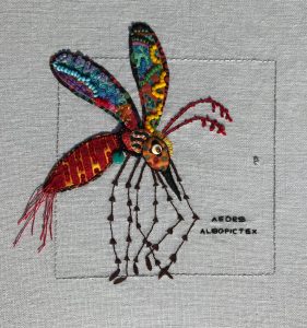 Beth Cunningham, "Aedes Albopictex(Tiger Mosquito)," Embroidery, applique, beading, quilting, "10" x 10" x 1.5," 2019, website: Bethcunninghamartist.com