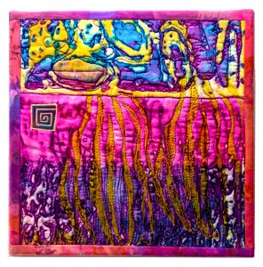 Janis Doucette, "Eruption Breakdown," printed textile art, "10" x 10" x 1," 2018, website: turtlemoonimpressions.wordpress.com