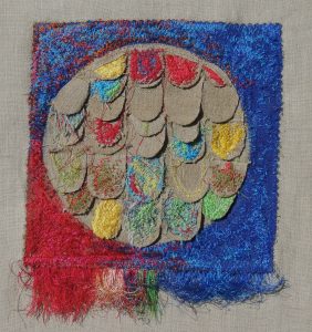 Mimi Graminski, "Her Father Turns 80," Machine embroidery, cut, stitched on raw linen, "10" x 10" x 1," 2019, website: mimigraminski.com