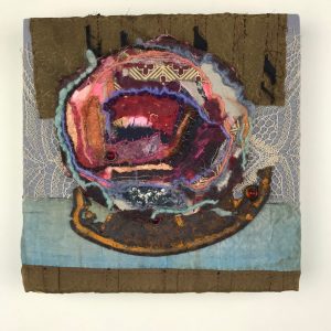 Kate Russell Henry, "Rondo. Allegro con brio," Mixed Media Textile, Cloth, Paper, Fiber, Metal, 10" x 10" x 1.5," 2019 , website: www.katerussellhenry.com