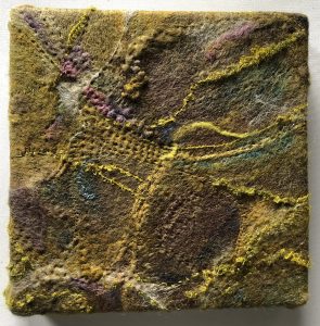 Martha Liddle-Lameti, "Mossy Shingle #1 ," Felted wool, silk and mixed fibers, hand quilted and embroidered, "10" x 10" x 3," 2019, website: Martel-Designs.com
