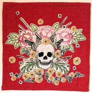 Maggy Rozycki Hiltner. "#1/Rozycki Hiltner/Memento mori: Handgun Violence," Hand-stitched cotton an found textiles, found quilt, "10" x 10" x 0," 2019, website: www.maggyrhiltner.com