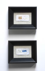 Jenny Stopher, "Mini Mendings Diptych: Series No. 1," Embroidery stablizer, embroidery floss, cotton fabric, 1" x 2.125" x 0," 2019