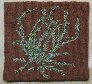 Kennita Tully, "Ode to Ancient Plants," Tapestry, wool weft, cotton warp, 8" x 8.5" x .1875," 2019, website: kennitatully.com
